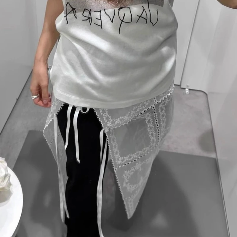 Faldas de encaje de estilo coreano blanco Y2k 2000s mujeres Vintage Harajuku malla superpuesta falda larga femenina vendaje con cordones ropa de calle Retro