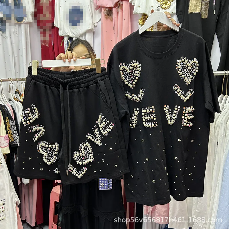 

Новый весенне-летний женский комплект из двух предметов Love Diamonds Beads Свободная футболка с короткими рукавами Топ + широкие повседневные шорты с эластичной резинкой на талии