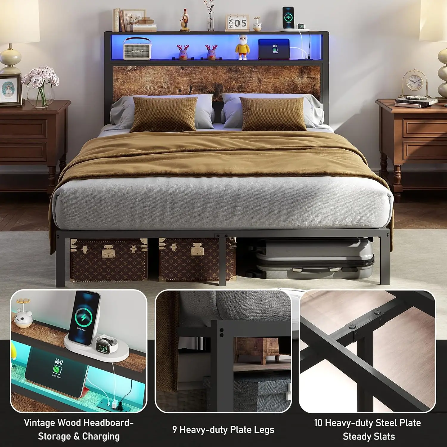 Full Size Bed Frame with Headboard, Metal Platform Bed Frame with LED Lights & Charging Station, Under Bed Storage, Solid and St