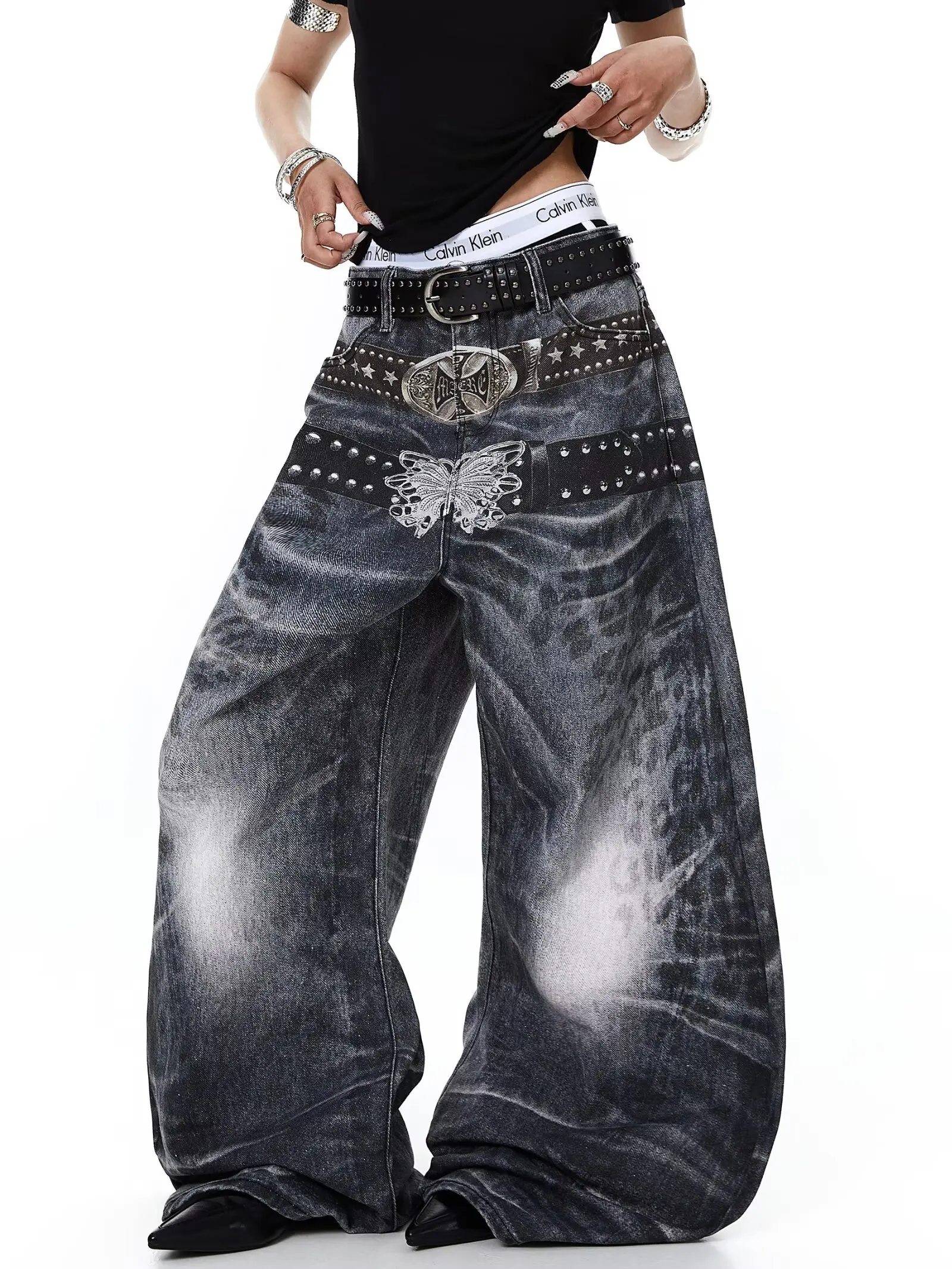 Gothic Retro Baggy Unisex Mopping Pants Y2K Phantom Jeans High Street Embroidered Patch Hip Hop Streetwear Straight Jeans