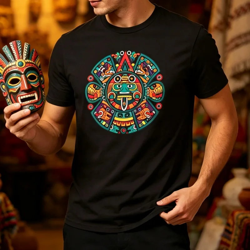 Colorful Mayan Aztec Calendar Art Fashion Men'st T‑Shirt 100% Cotton Men Short Sleeve Tee Mexican Tribal Art Casual Streetwear