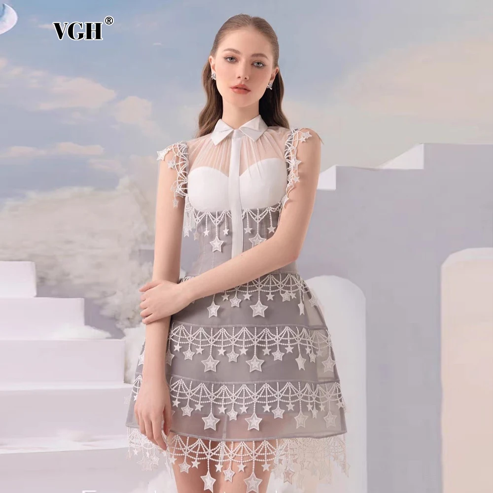 

VGH Hit Color Elegant Spliced Lace Stars Pendant Dress For Women Lapel Short Sleeve High Waist Slimming A Line Dress Female New