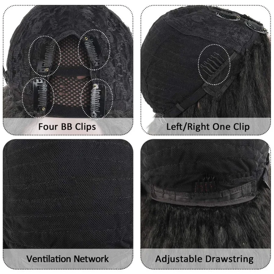 غريب مستقيم U جزء الباروكات للنساء السود الاصطناعية قصيرة ياكي مستقيم مجعد شعر مستعار أسود للشعر الطبيعي كامل رئيس U شكل واي فاي