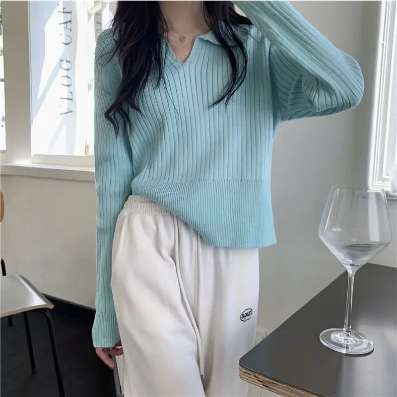 Women\'s Autumn Winter Fashion Elegant Solid Color Polo Collar Casual and Versatile Long Sleeved Loose Short Sweater Knitted Tops