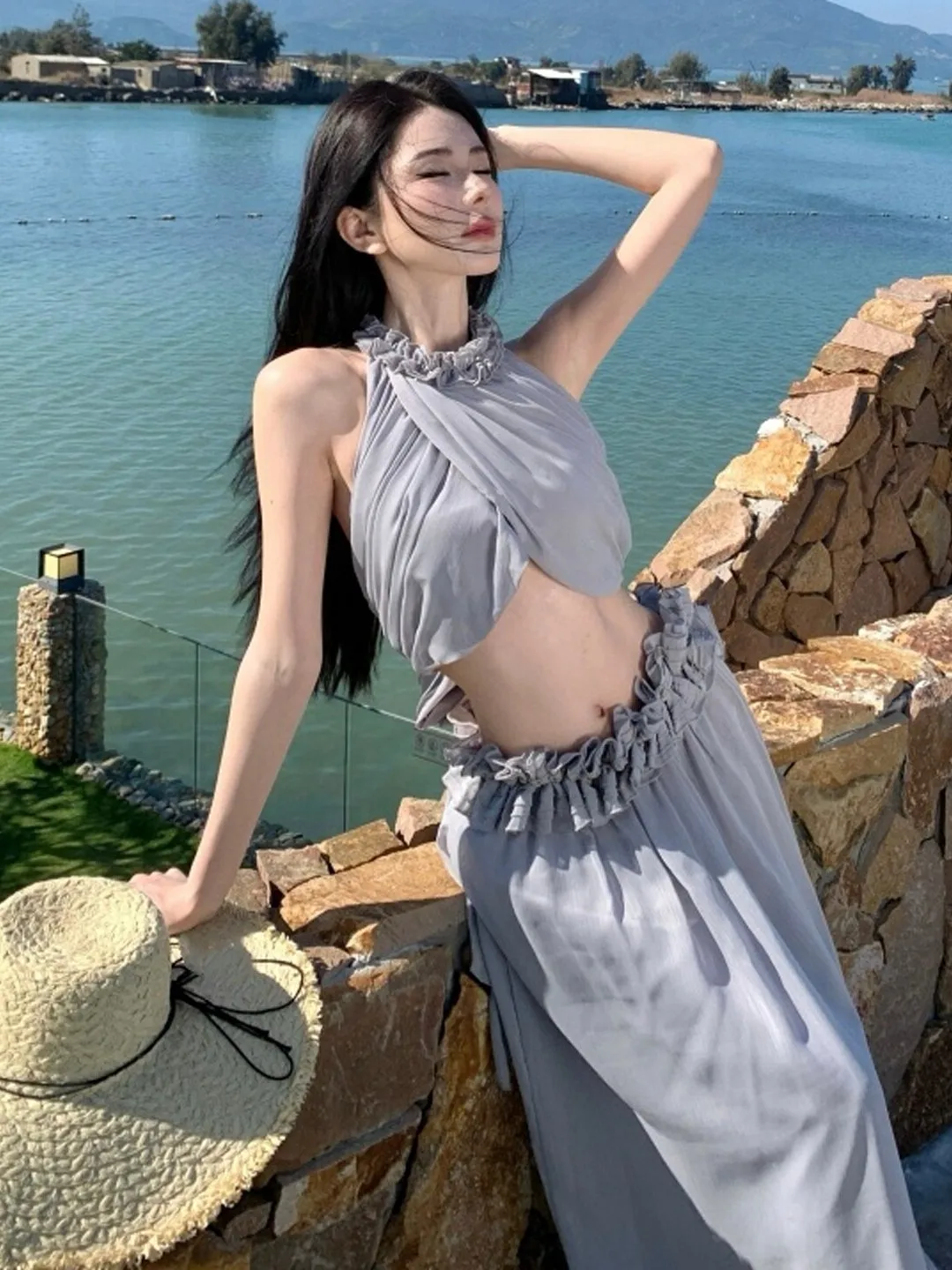 

Retro Gentle Style Necklace Top Half Skirt Two-Piece Set Youthful Summer Outfit Comfortable Short Sleeveless Cotton Blend