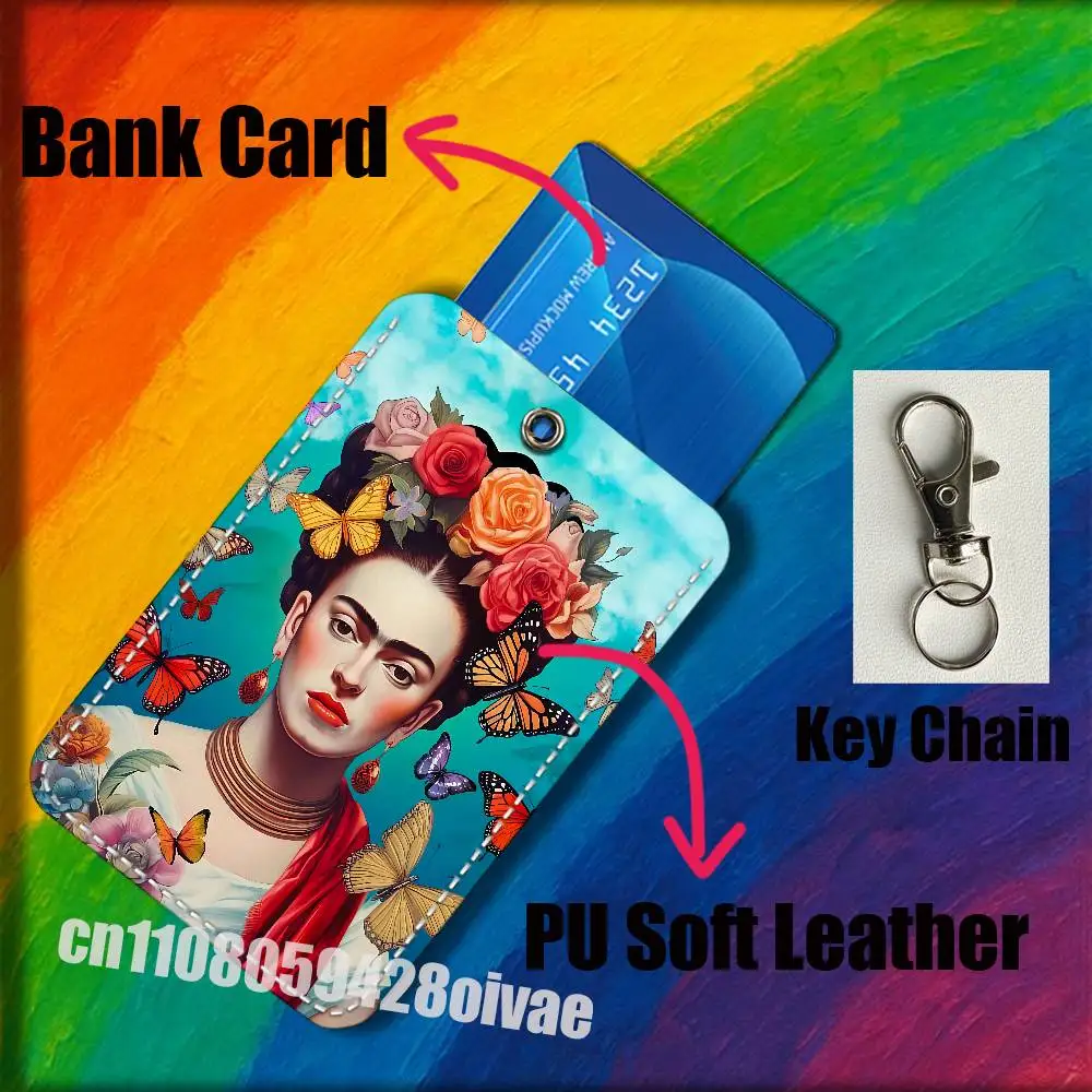 Fashion F-FridaS-S K-Kahlo For ID Clips Credit Bank Campus Card Holder Cover Decoration PU Leather Keychain