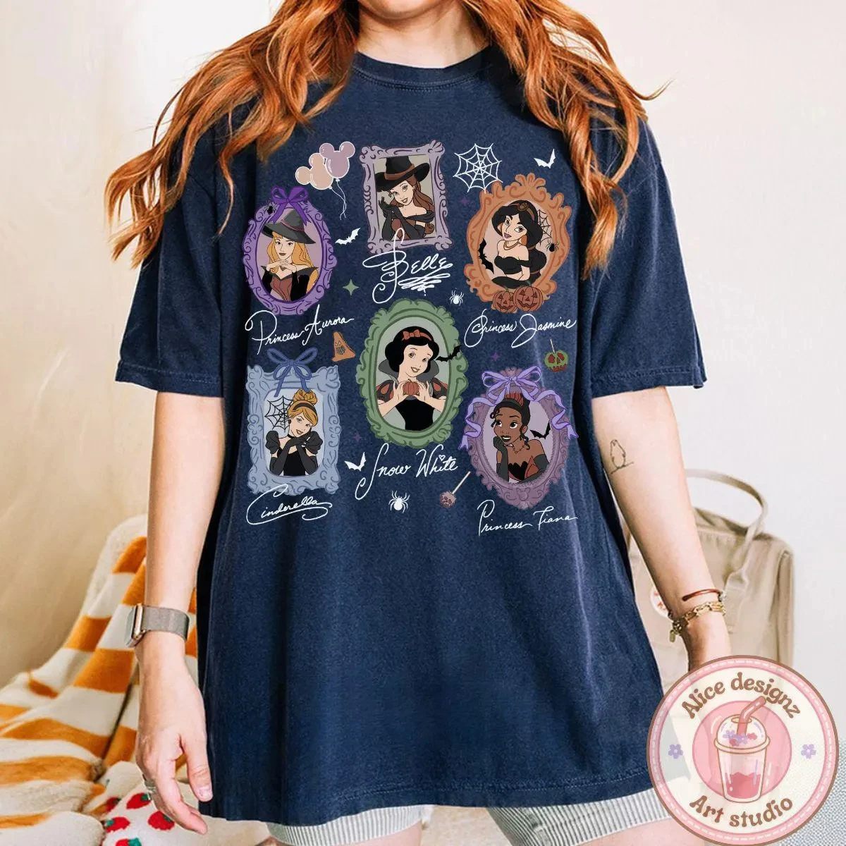تي شيرت ريترو لأميرات ديزني للهالوين، بما في ذلك أزياء حسناء و سندريلا وأرييل وعائلية الهالوين العالمية من ديزني