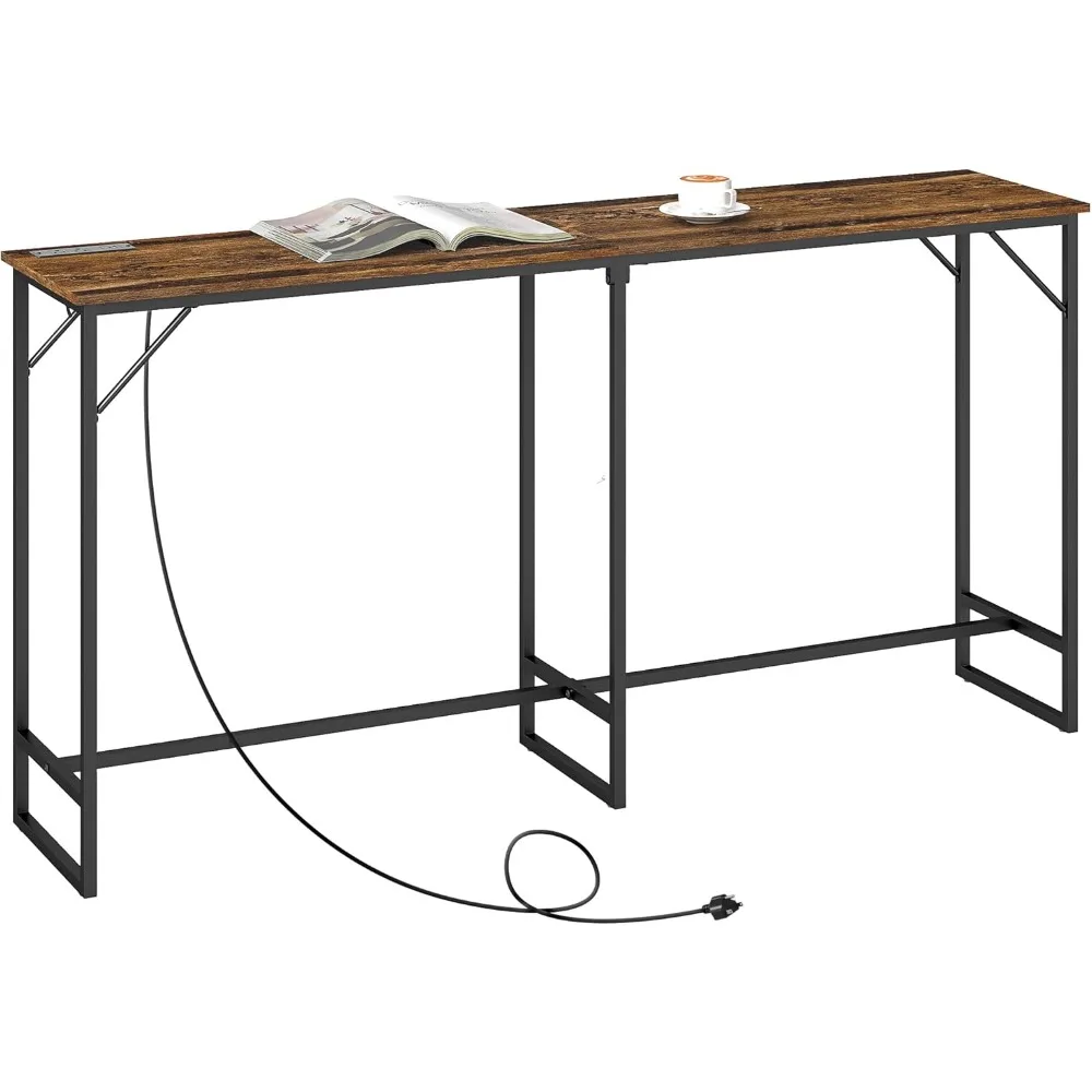 Mesa de comedor de 70" de largo con estación de carga, mesa de bar rectangular de estilo industrial con estructura de acero para comedor, K