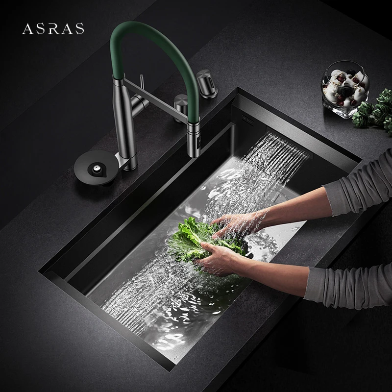 ASRAS 8840 Large Size Single Kitchen Sinks Nanometer SUS 304 Stainless Steel 4mm Thickness Handmade Waterfall Sinks