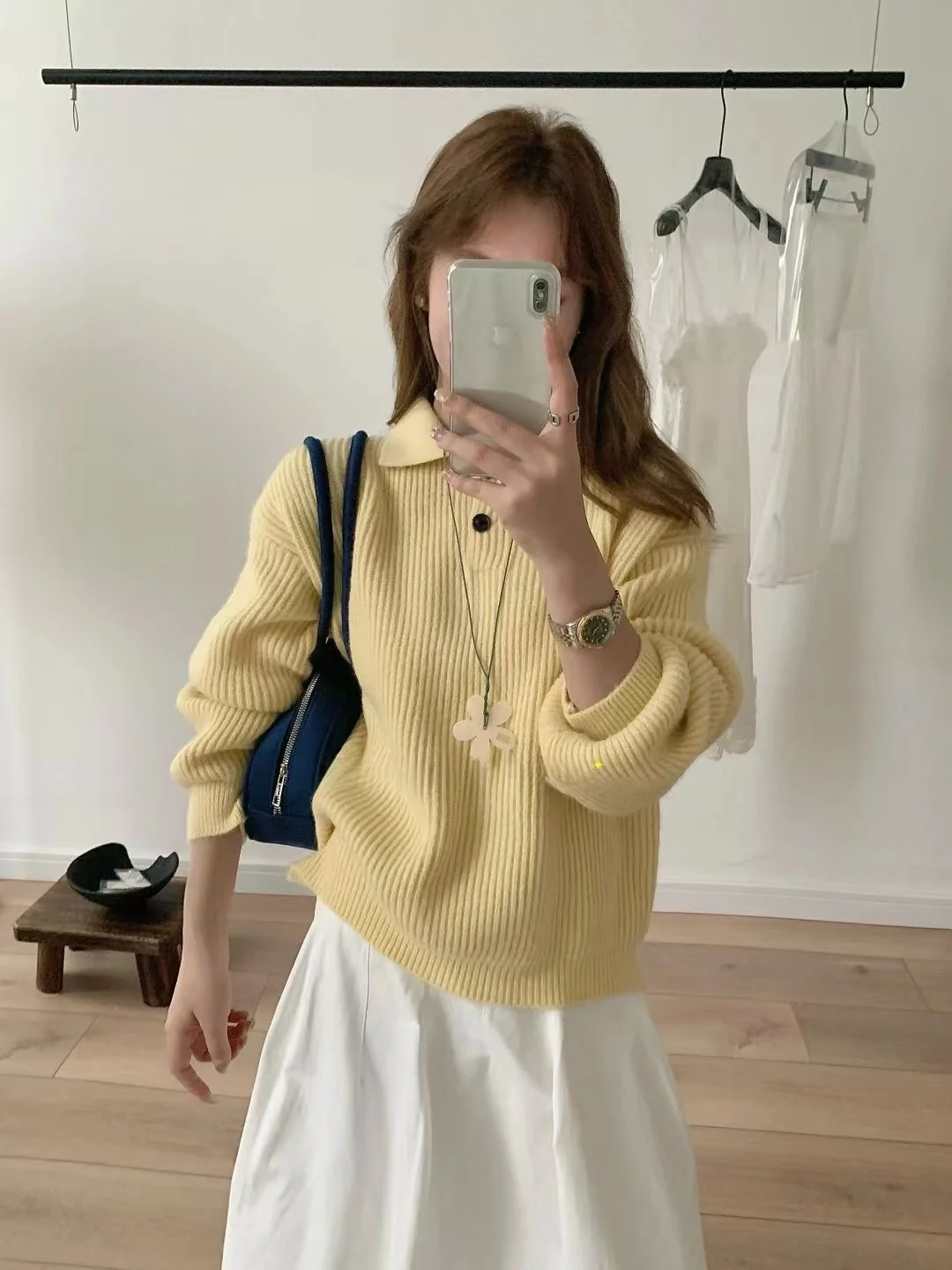Korean Sle  Collar f Open Knitted Sweater Women Loose Fit Textured Thiened Autumn New Arrival Soft Long Sve Top
