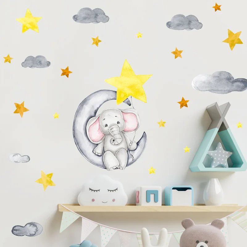 

Cartoon Elephant Clouds Stars Wall Sticker For Kids Room Decoration Mural Cute Animals Baby Bedroom Decor Removable Home Decals