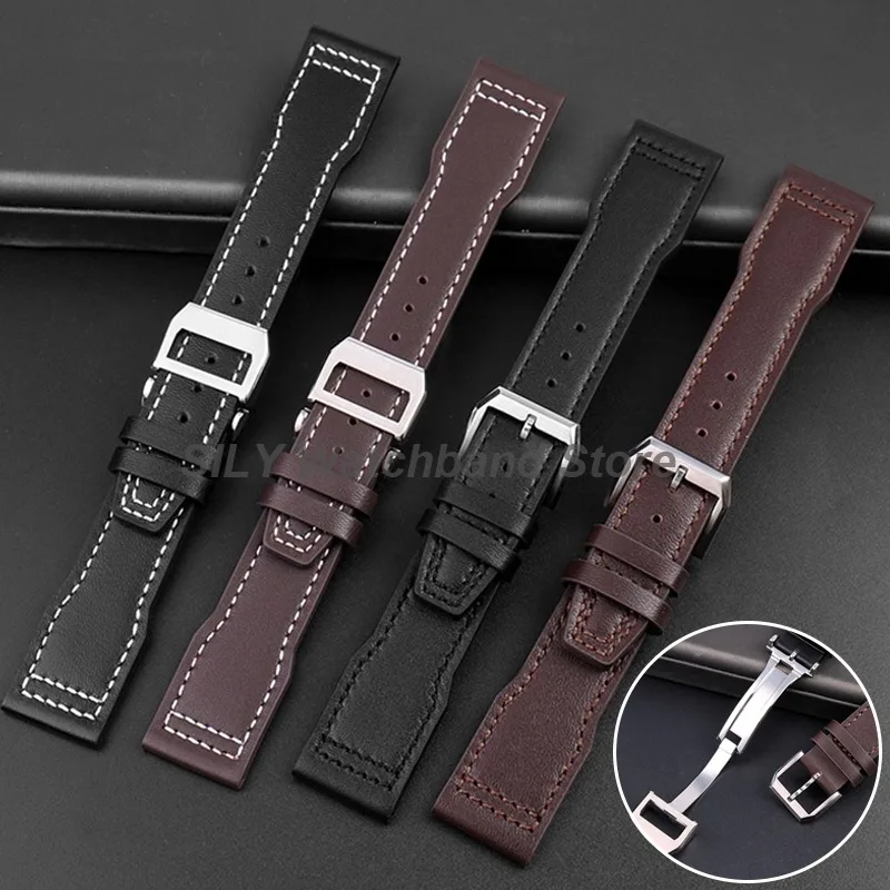    Correas de reloj universales de cuero para negocios, correa de cuero de vaca con hebilla plegable de 20mm, 21mm y 22mm, pulsera deportiva resistente al agua para correas de muñeca IWC