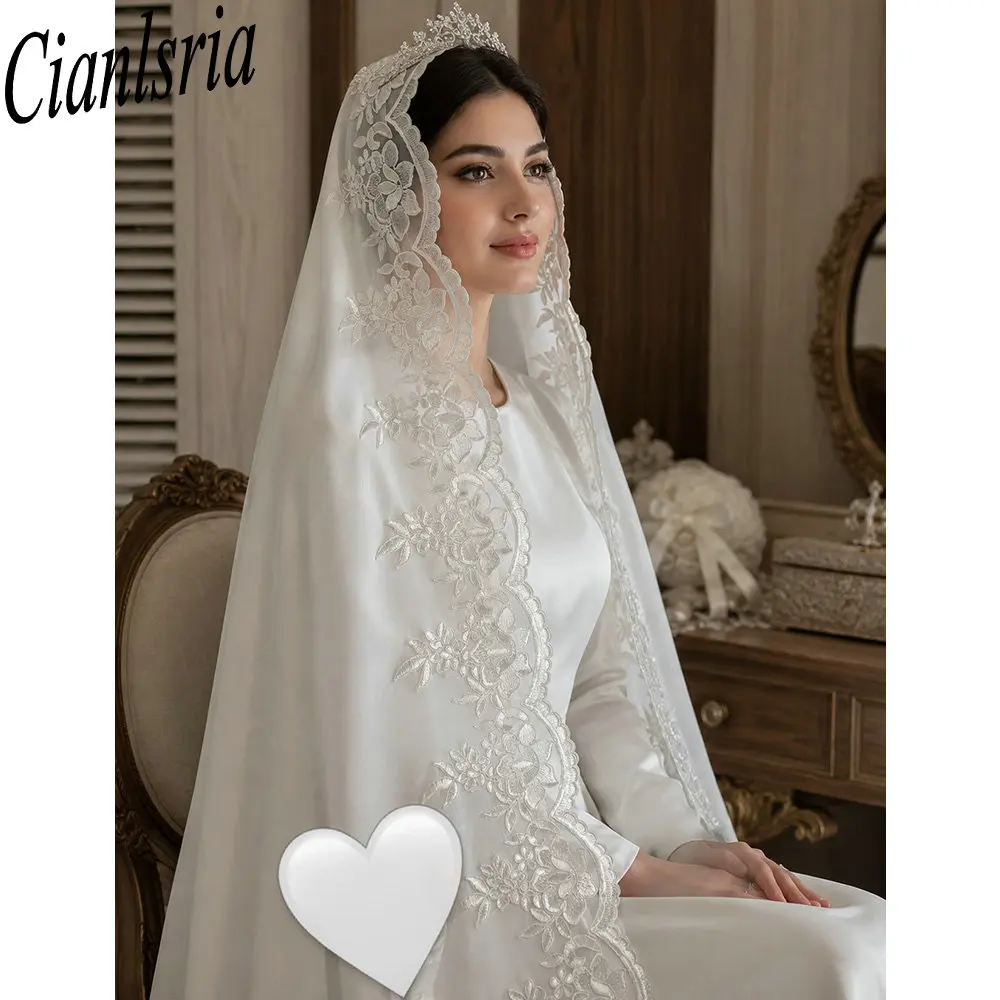 Floral Lace Applique Long Muslim Bridal Veil White Chiffon Wedding Headscarf With Bow For Islamic Nikah Wedding Ceremony Bridal