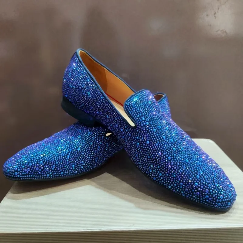 

Black Rhinestone Bling Loafers Men Luxury Shallow Chunky Heel Flat Slip On 2025 New Male Fashion Casual Wedding Business Shoes