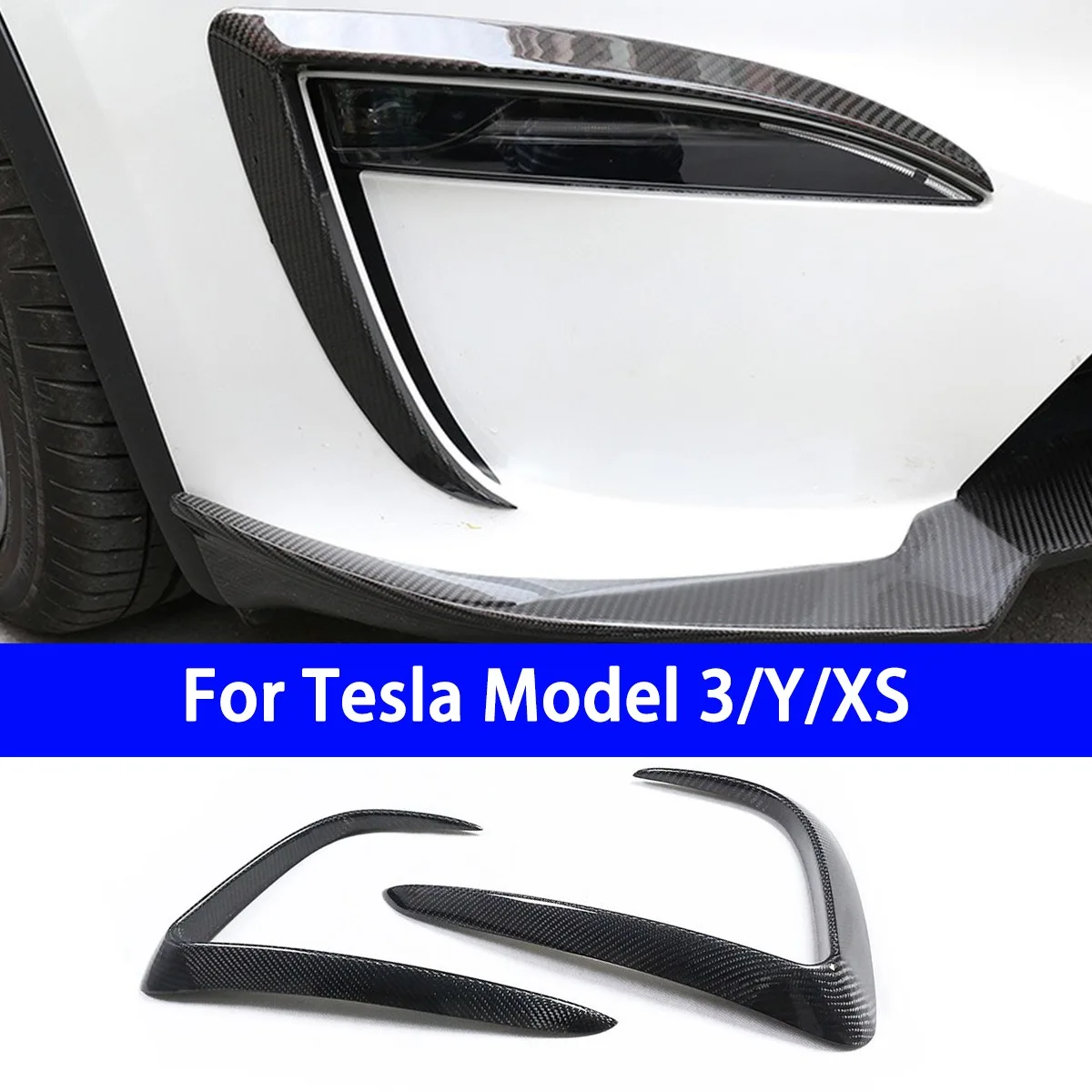 Suitable for Tesla MODEL 3/Y/XS Dry Carbon Fiber Front Bumper Fog Light Wind Blade Decoration