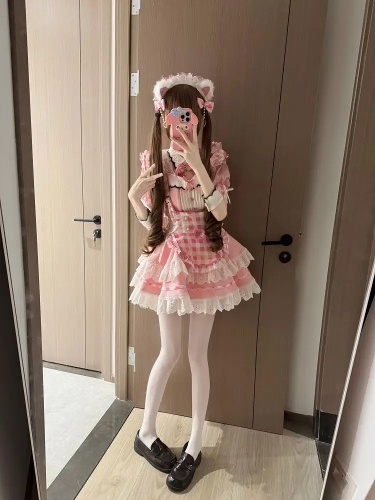 Conjunto Lolita Sweet Kawaii de 2 Piezas para Mujer, Blusa a Cuadros con Mangas Abullonadas y Cintura Alta + Falda con Volantes y Lazo, Disfraz para Cosplay, Fiestas, Verano
