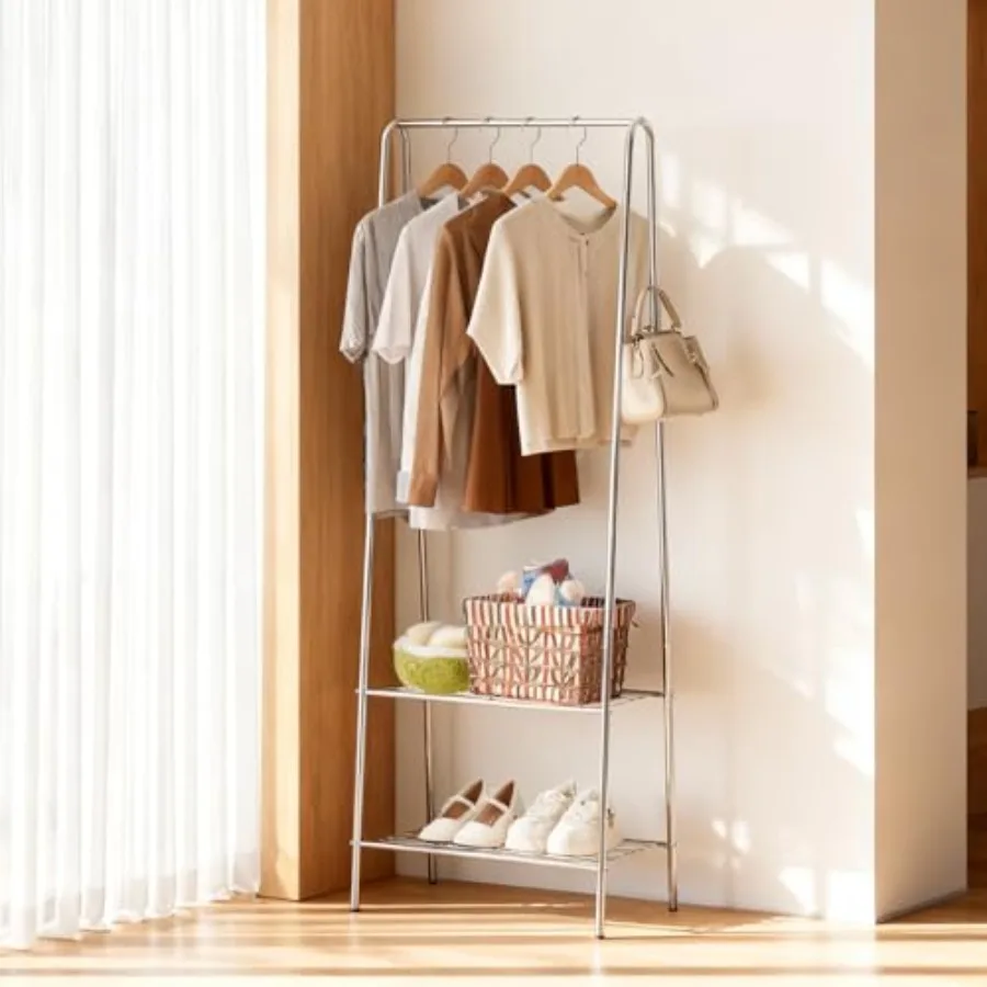 

Heavy Duty Clothes Rack - Stainless Steel Narrow Coat Rack with Shelf and Hooks for Small Space Bedroom -Garment Clothing Racks