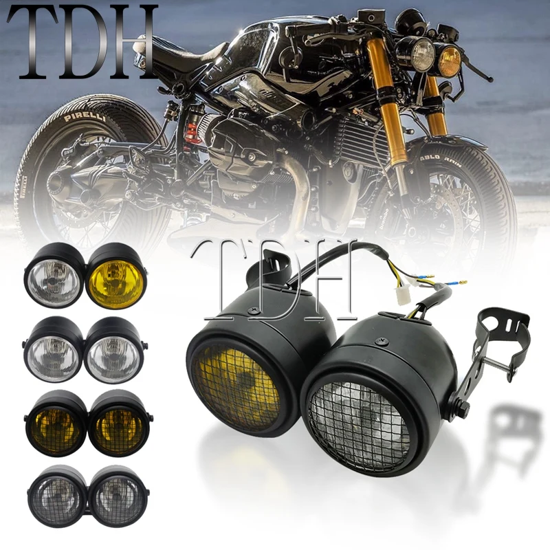 

Motorcycle Twin Front Headlight Lamp W/ Bracket Mesh Grill Dual Cafe Racer Head Lights For Harley Cafe Racer Honda Yamaha