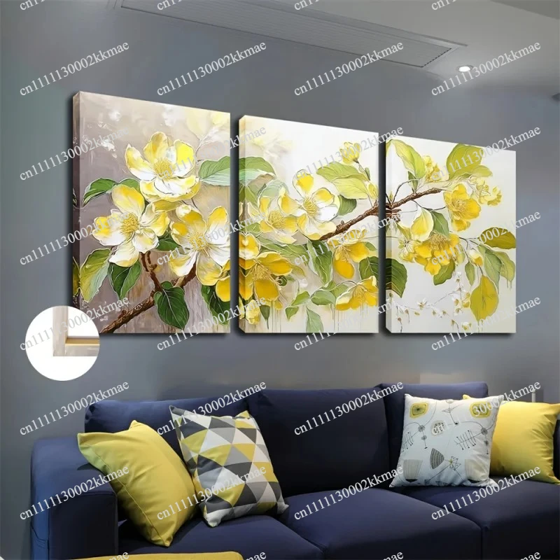 Triple Framed Yellow Flower Oil Painting Wall Art Decorative Easy to Hang Mural for Cafes Bars Restaurants Wall Home Decor