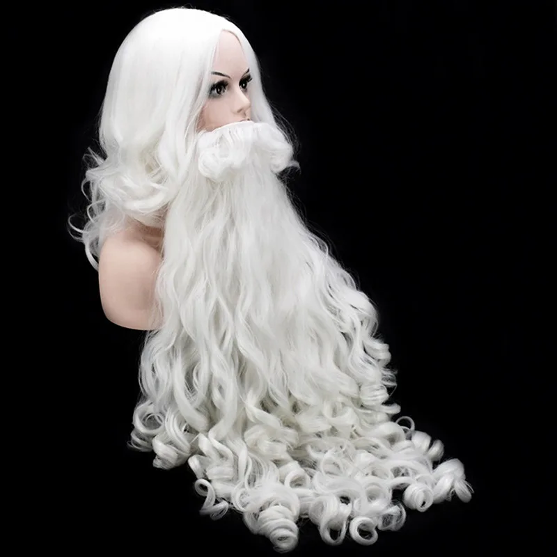 Santa Cosplay Santa Claus Wig and Beard Cosplay Wigs White Hairpiece Accessories Santa Beard 60cm For Christmas New Year Gift