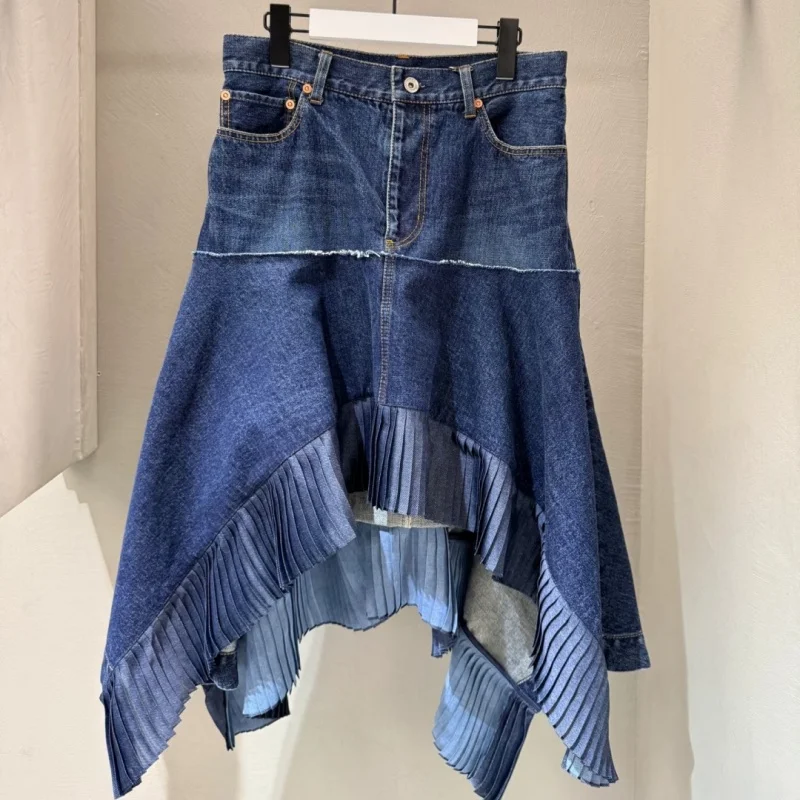 

Юбка джинсовая женская с высокой талией, асимметричная, плиссированная, модная, весна-лето, новинка, FOG SACAI, с асимметричным кроем и вставками