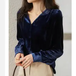 Free Shipping Casual Shirts Spring Autumn Fashion Comfort V-neck Retro Elegant Velvet Long Sleeve Pure Color Female Pullover