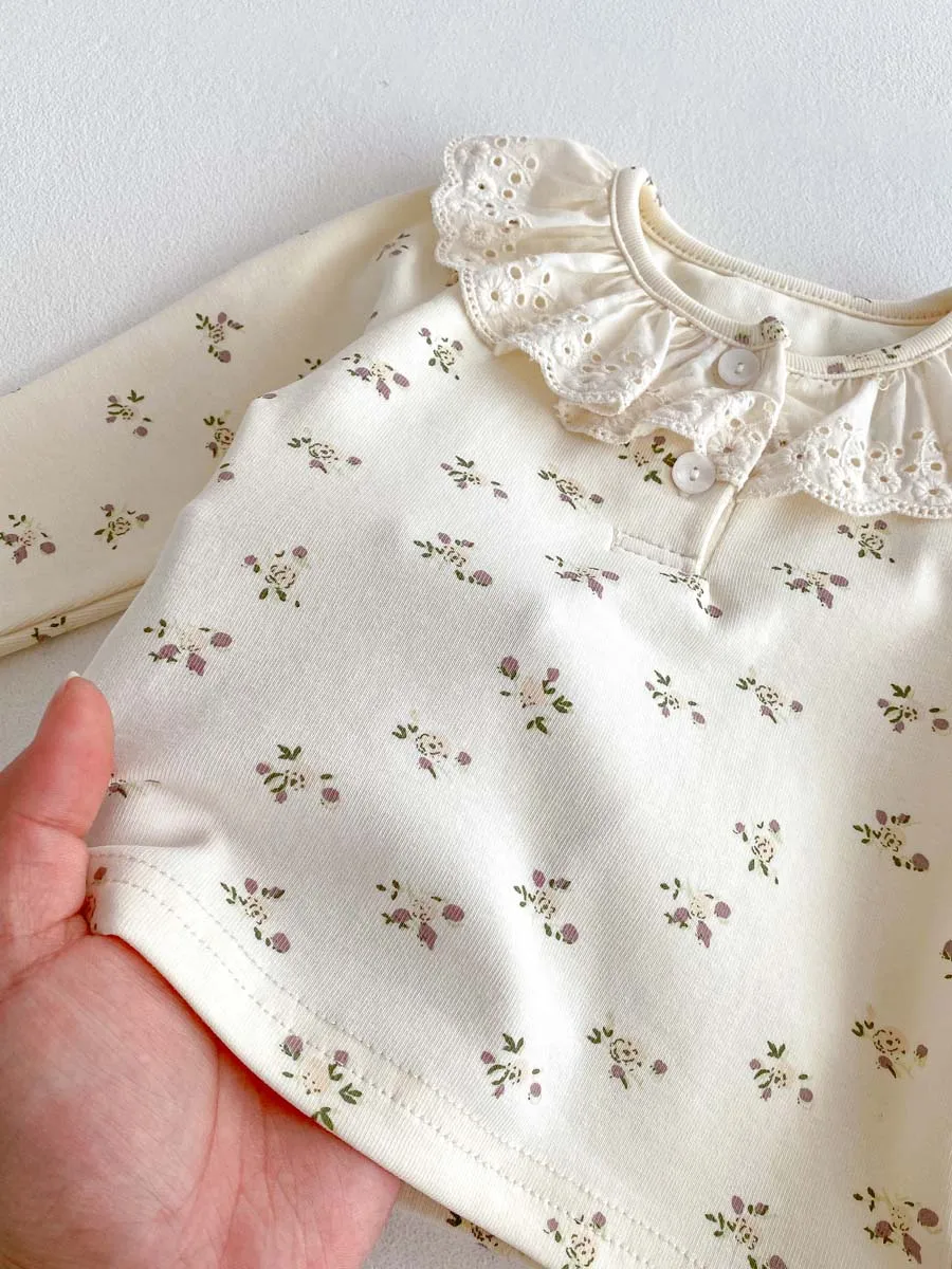Ins Baby Spring and Autumn Children\'s Small Floral Baby suit Women\'s Lace Ruffle Collar Home Clothes 2 pces suit