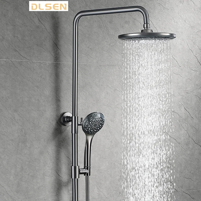 New Design Dual Handle 3-way Bathroom Brass  Shower Tap Faucet Wall Mounted Gun Grey Exposed Thermostatic Shower System Set