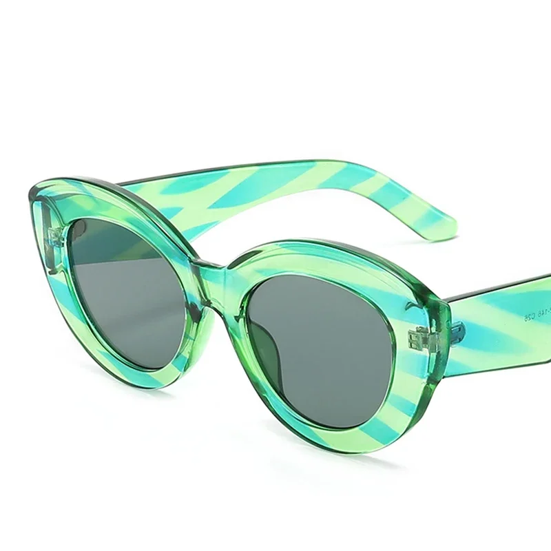 Cat Eye Sunglasses Women Ins Fashion Oval Green Striped Sunglasses Lady Vintage Shades Eyewear Oculos Lunette De Soleil