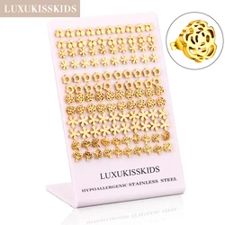 LUXUKISSKIDS 60paris/Lot Mix Design Casual Small Earrings Set Stainless Steel Rose Cherry Butterflies Fish Star Charms Cute Stud