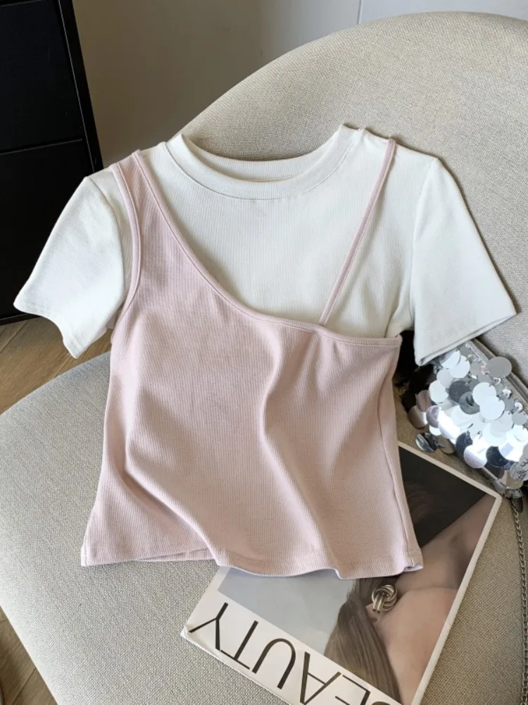 Cseta de Manga Corta con Cuello Redondo y Bloques de Color Estilo Coreano para Mujer, Top de Moda Único para Otoño, Tejido...