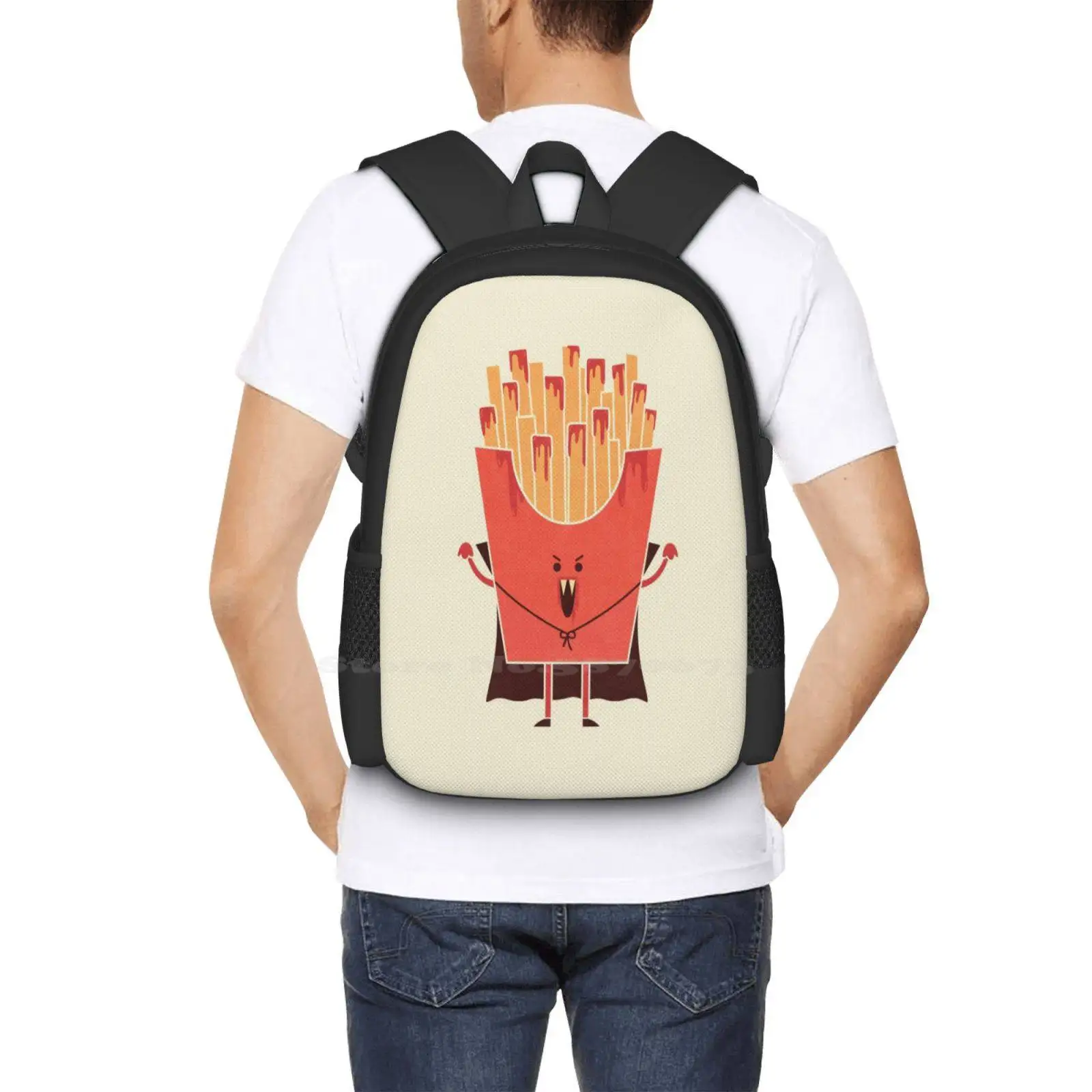 Nospotatu Teen College Student Backpack Pattern Design Bags Dracula Funny Fast Food Cute Horror Ketchup Fries Teo Zirinis