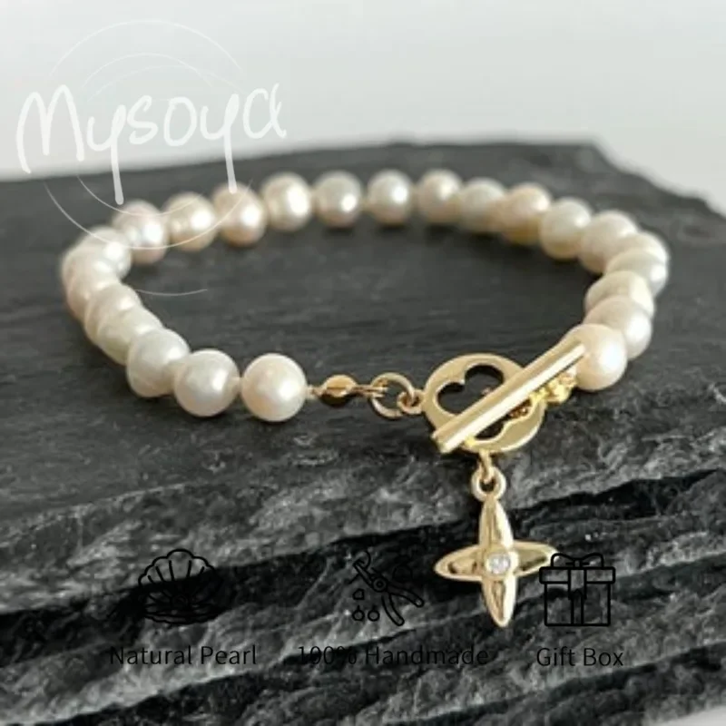 

MYSOYA White Freshwater Pearl Tetragonal Star Decorative Bracelet 5-6mm With Gift Box For Her/Him Birthday/Wedding Gift