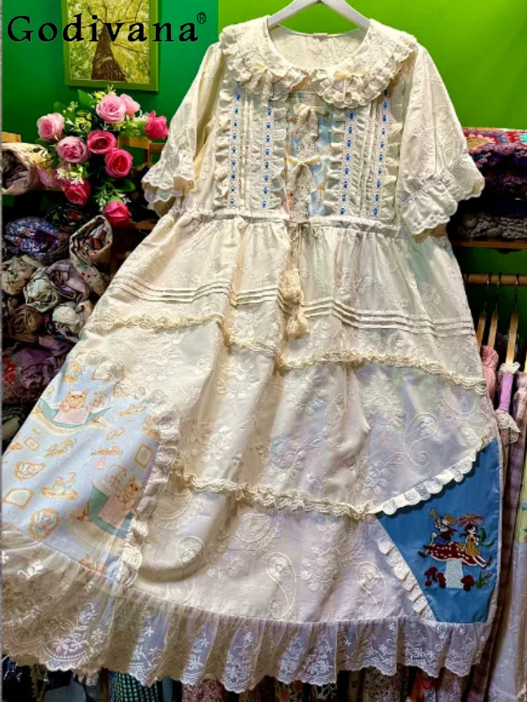 

2026 Summer Short Sleeve Sweet Peter Pan Collar Cute Women Long Dress Fashion Loose Versatile A-line Lace Splicing Dresses