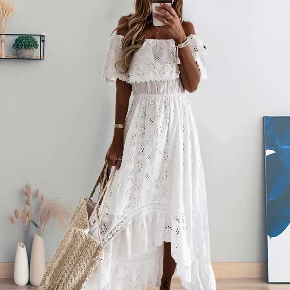 

Beach Dress High Low Hemline Women Dress Lightweight Elastic Waist Fashion Summer Lace Sleeveless Maxi Dress