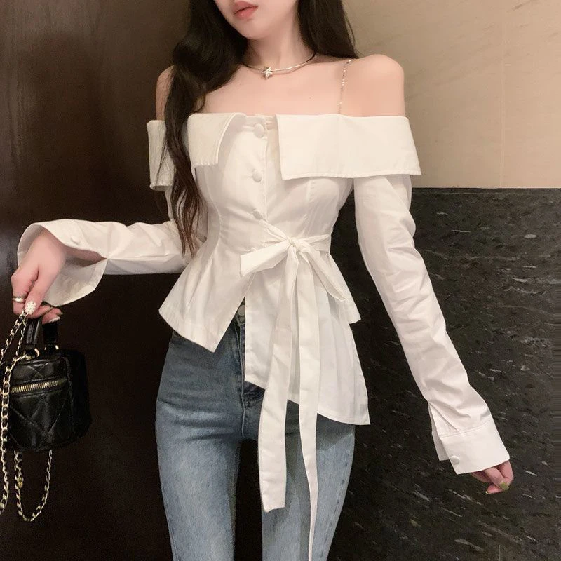 Elegant Slash Neck Shirts Women Streetwear Ruffles Bandage White Blouses Korean Fashion Chain Long Sleeve Design Slim Tops New