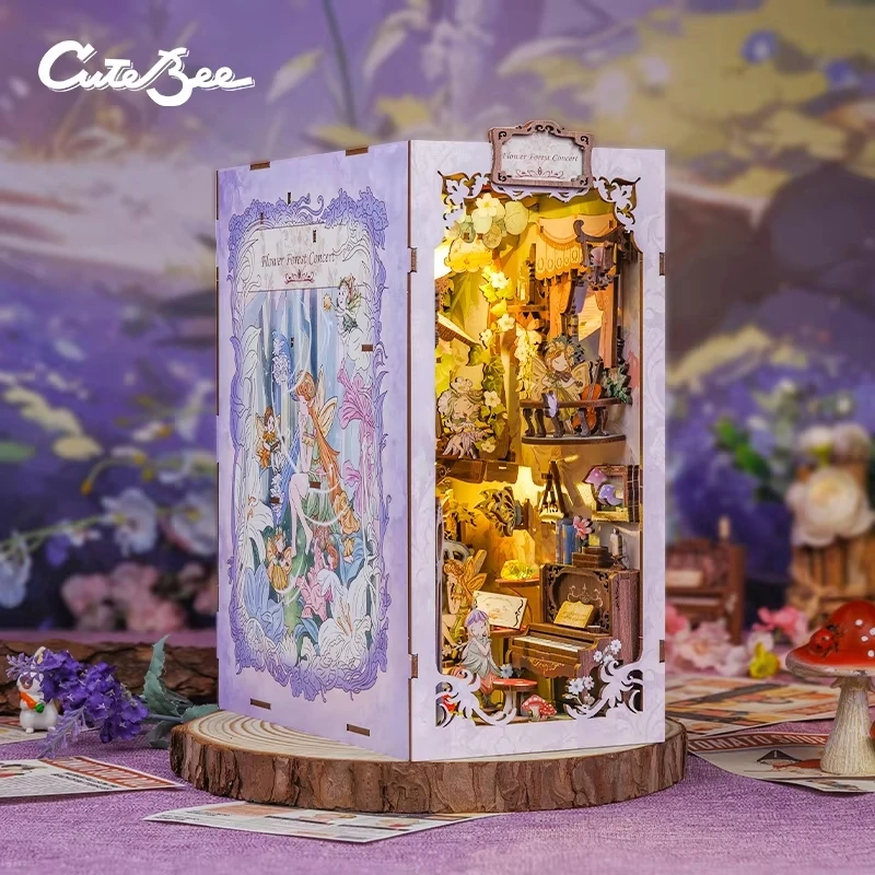 CUTEBEE DIY Book Nook Wooden Dollhouse with Light Dust Cover Bookshelf Insert Decor for Birthday Gifts Flower Forest Concert