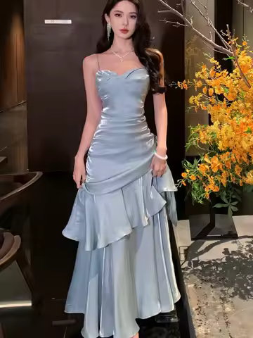 Frauen Frühling Sommer Französisch Spaghetti Strap Lange Kleider Elegante Weibliche Dünne Chic Party Prom Robe Mode Ein Stück Kleidung - AliExpress 200000345