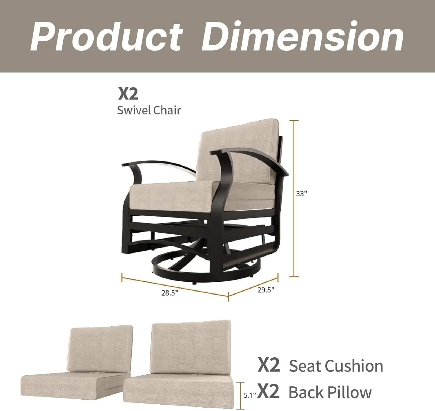 2 Piece Metal Outdoor Swivel Chairs Set with Removable 5.1’’ Seat and 6.2’’ Back Cushions, Khaki, for Backyard, Lawn, Porch