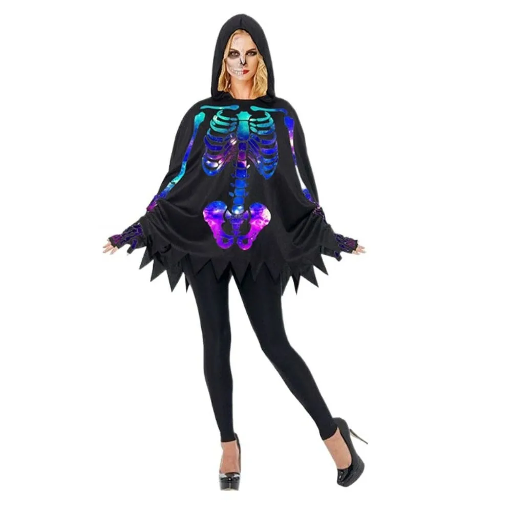 Funny Cloth Skeleton Cape Ghost Goth Halloween Props Make Up Performance Skull Bones Cloak Adult