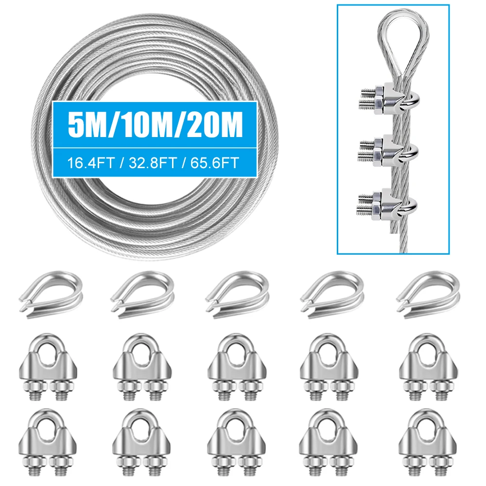 2mm Stainless Steel Wire Rope Kit with PVC Coating Chicken Heart Ring U-shape Cable Clamp for Clothesline Outdoor Hanging Kit