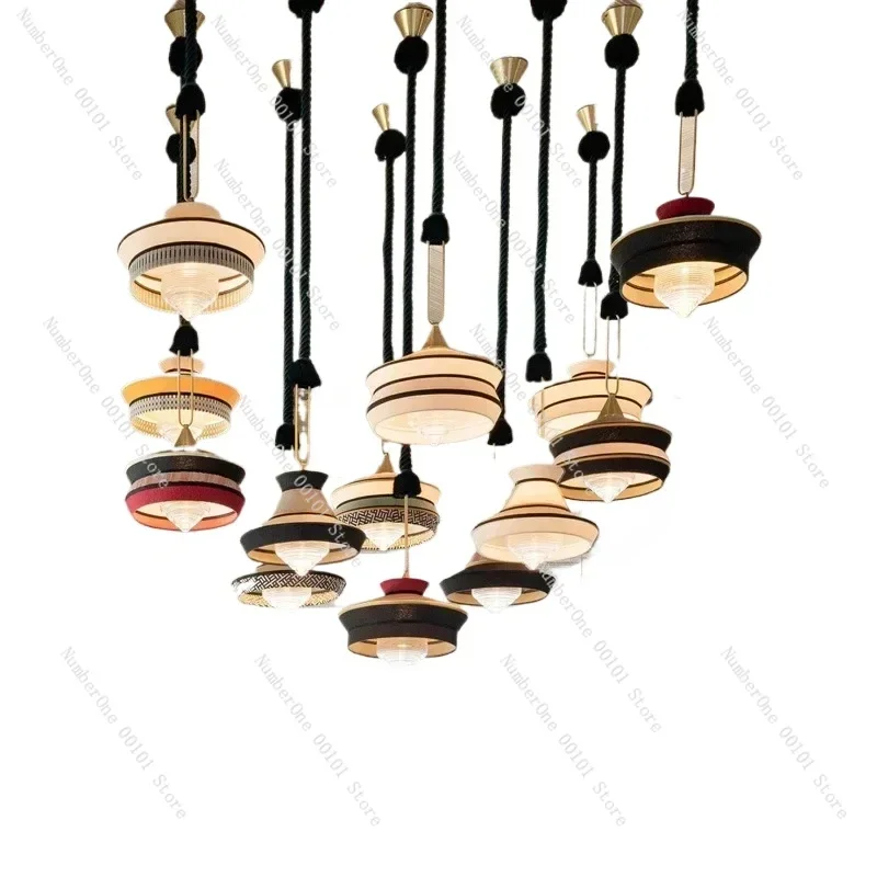 Southeast Asian Style Chandelier Natural Rattan Wood, Designer Restaurant Thai Hotel Bar Fabric Lampshade Lighting
