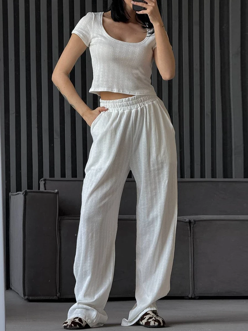 Marthaqiqi Knitted Female Pajamas Suit O-Neck Nightie Crop Top Sleepwear Short Sleeve Nightgown Pants Casual Women Nightwear Set
