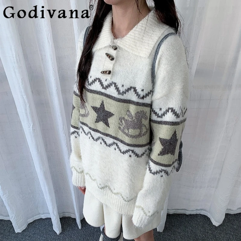 

Осень-зима, Рождество, Новый год, свитер, женский вязаный топ на пуговицах в японском стиле, женские уличные свободные пуловеры, джемперы