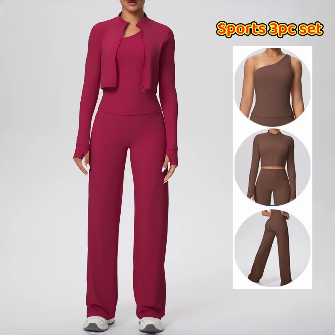 

Матовый облегающий жилет на одно плечо, комплект для йоги, широкая длинная куртка на молнии, комплект из трех предметов, спортивный костюм для бега, фитнеса, йоги