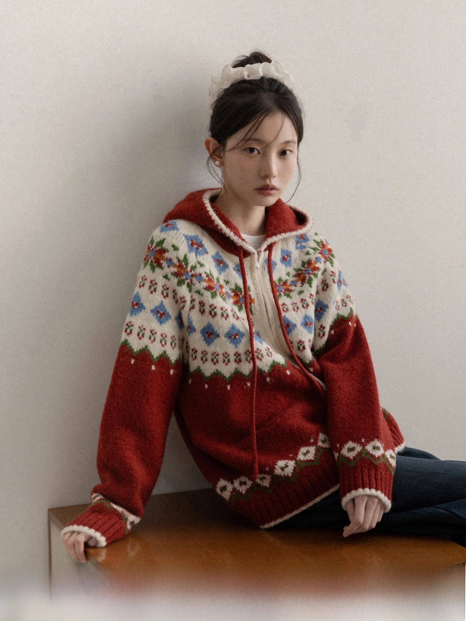 

Red Knitted Hooded Cardigan Sweater Women's Winter Faion Slimming Outerwear New Year's Sle Casual Comfortable Soft Material