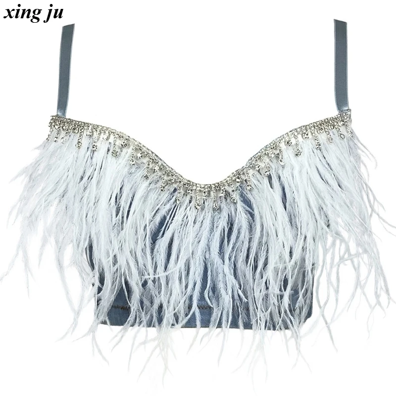 

Xing Ju Nightclub DJ Sexy V-neck Feather Tassel Denim Sling Tops Women Jazz Dance Costume Party Fashion Fishbone Vest Stage Wear