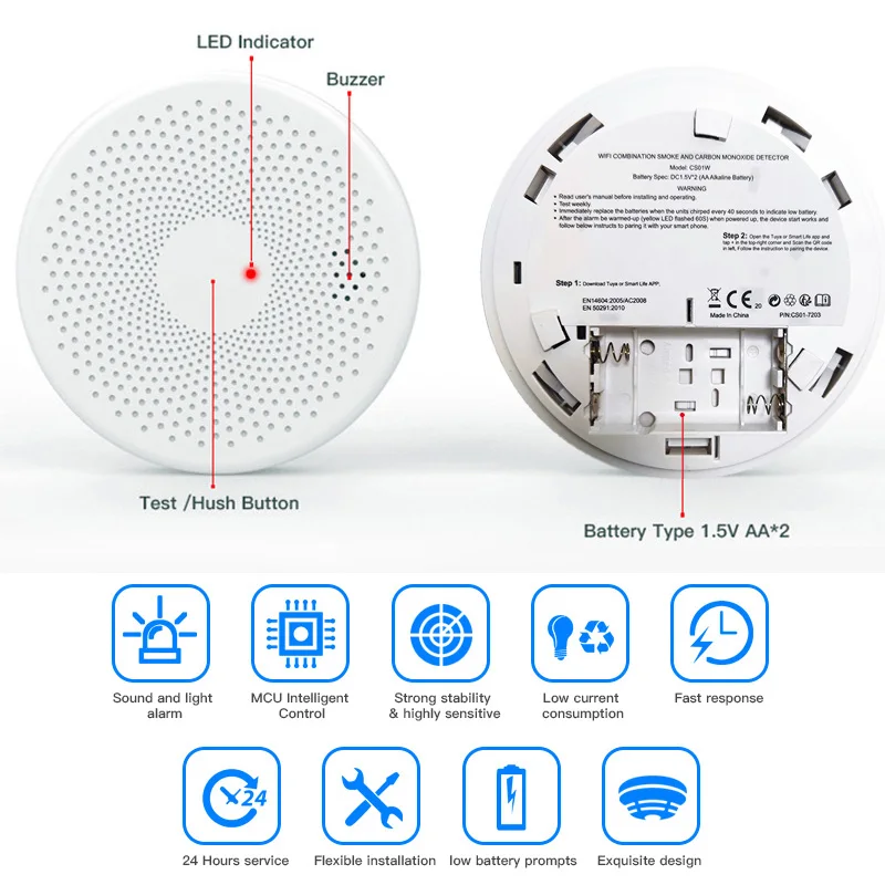 Détecteur de fumée Co & Ultra fin 2 en 1, fonction WiFi, Tuya Smart Life, cuisine familiale, magasin, alerte incendie, capteur d'alarme de monoxyde de carbone