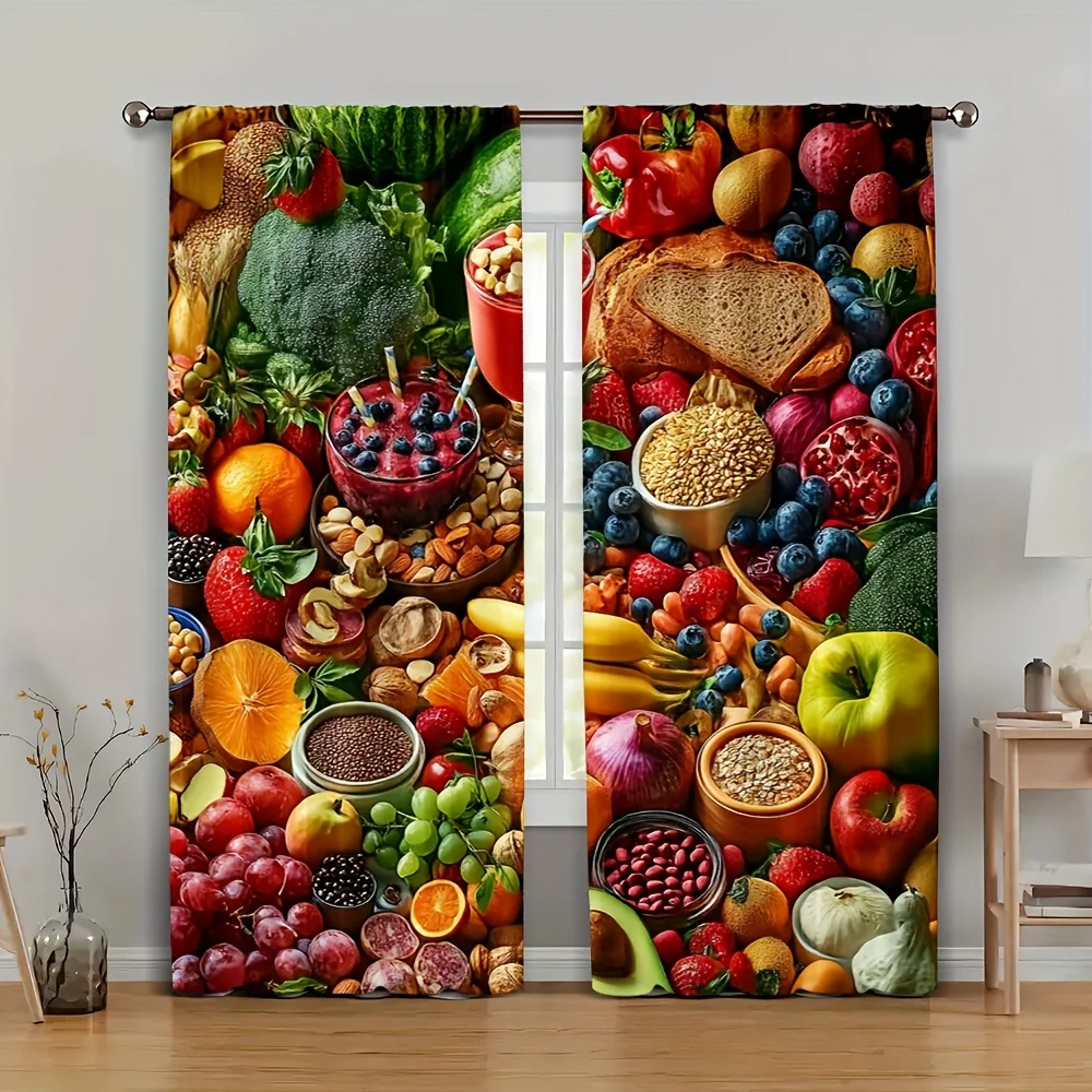 Fresh Fruits and Vegetables Curtains Colorful Food Print Natural Style Window Drapes for Kitchen Dining Room Farmhouse Decor
