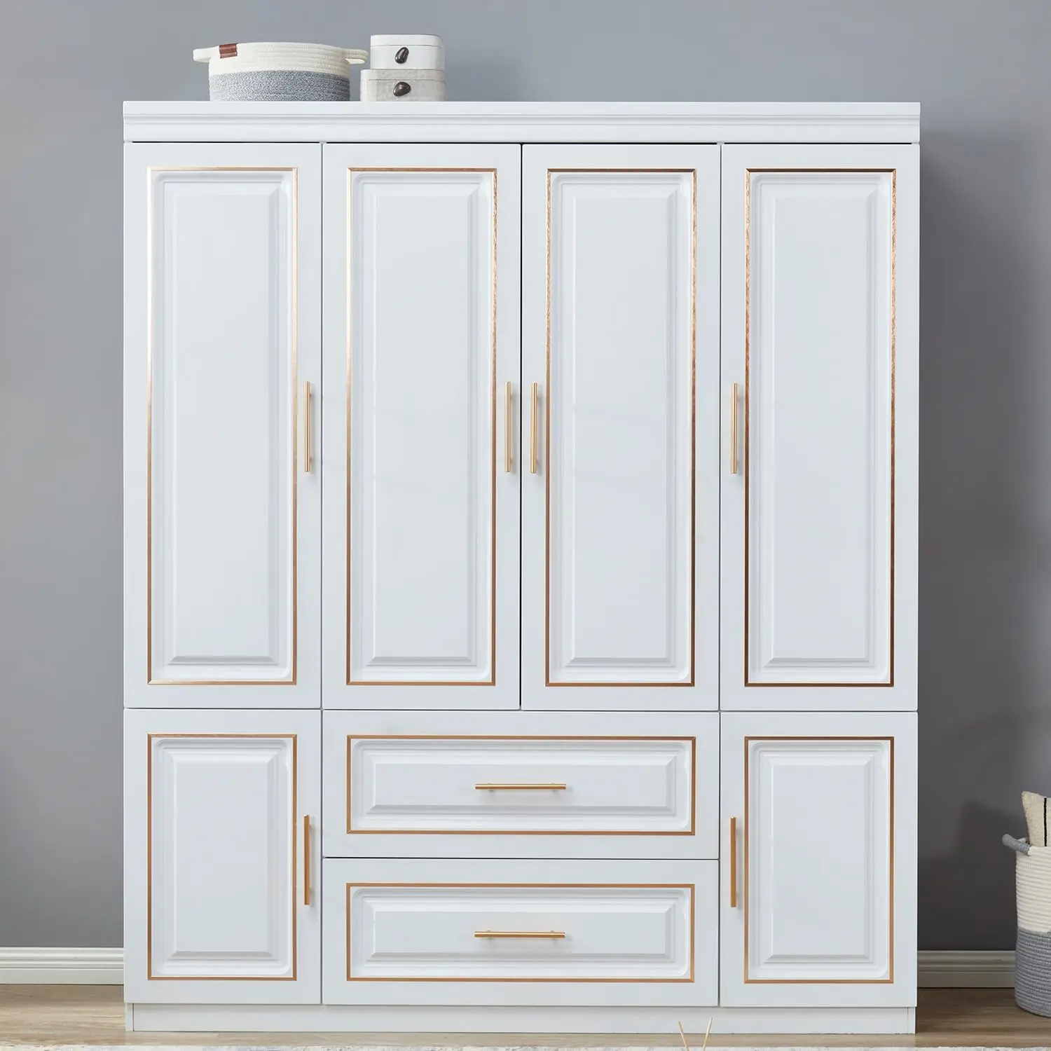 4-Door Armoire Wardrobe Closet, Wardrobe for High Storage Capacity, White Closet Cabinet with 2 Shelves and Hanging Rod